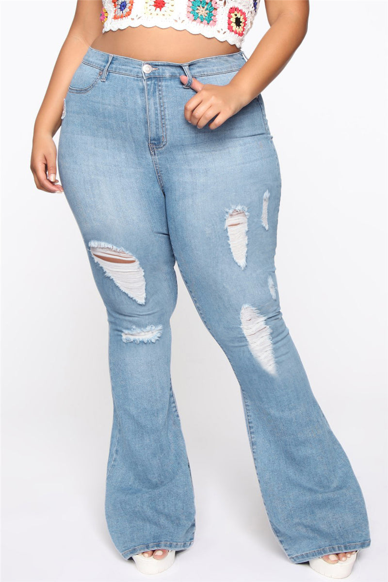 Womens Plus Size Distressed Wide Leg High Waist Stretchy Jeans