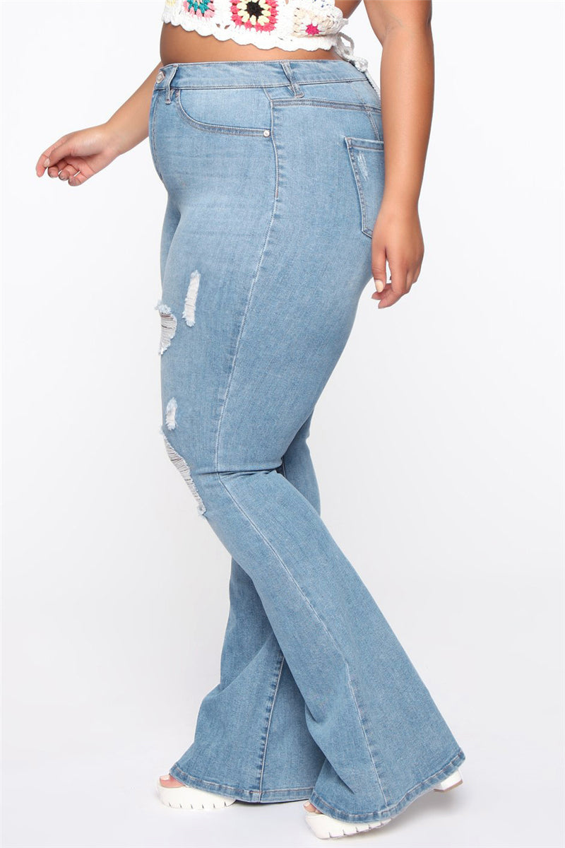 Womens Plus Size Distressed Wide Leg High Waist Stretchy Jeans