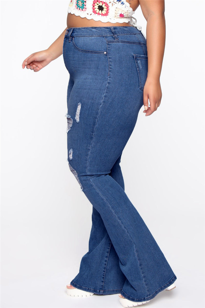 Womens Plus Size Distressed Wide Leg High Waist Stretchy Jeans