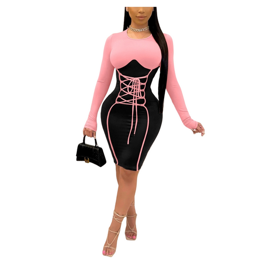 Contrast Lace-up Stylish Bodycon Long Sleeve Dress for Women