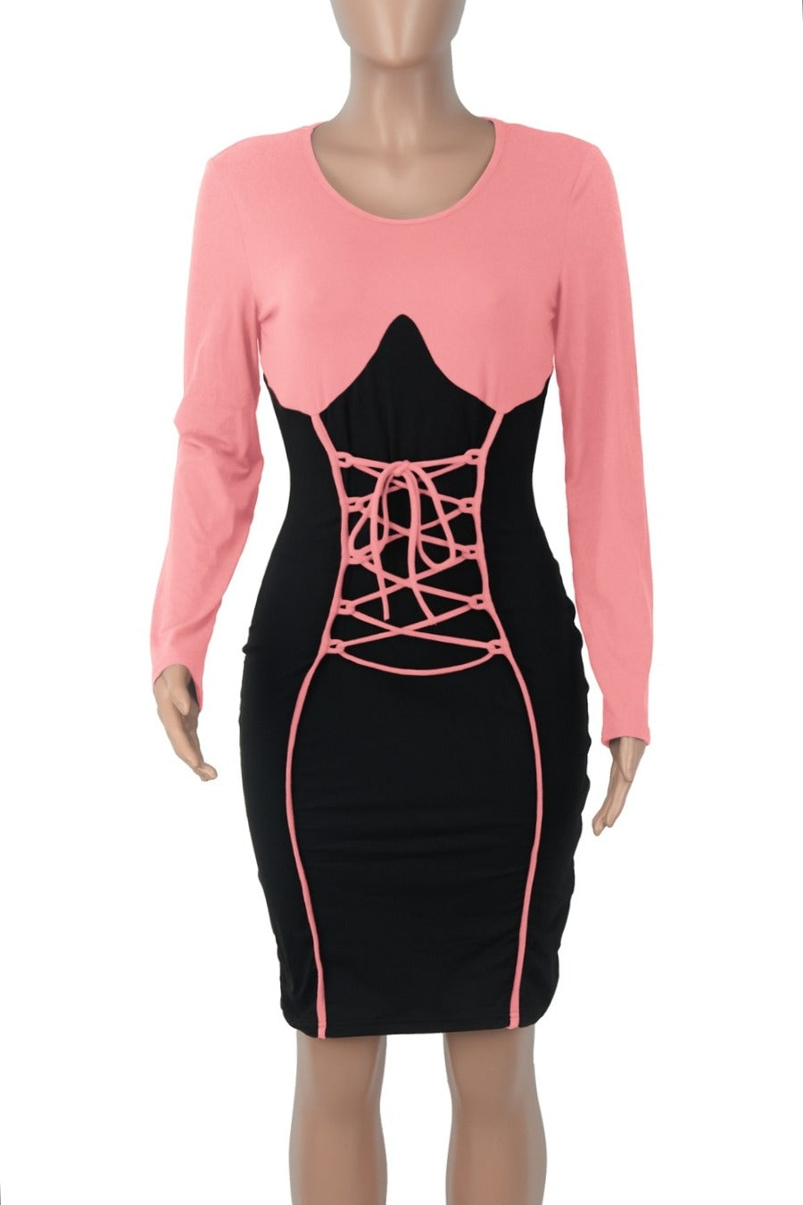 Contrast Lace-up Stylish Bodycon Long Sleeve Dress for Women