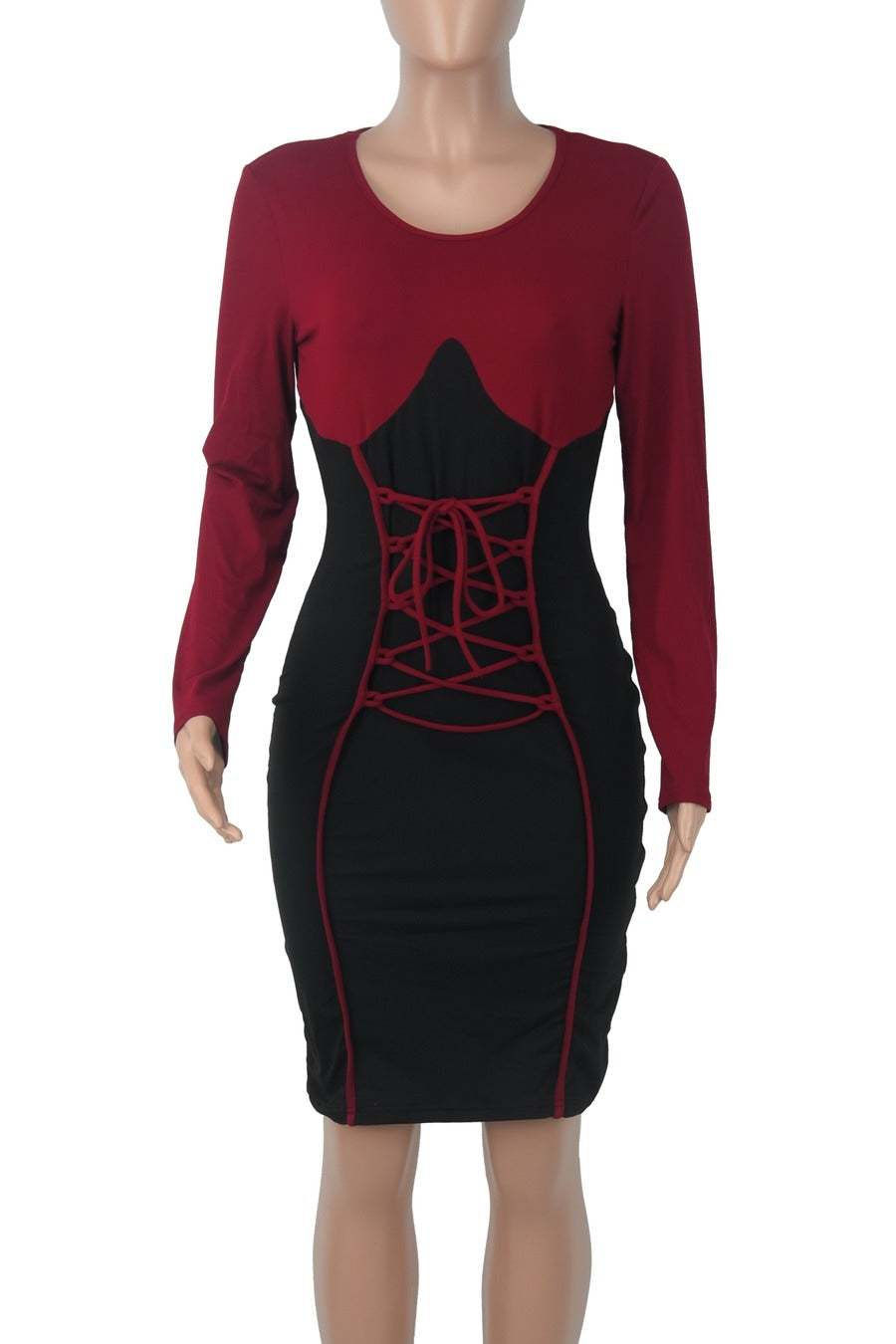 Contrast Lace-up Stylish Bodycon Long Sleeve Dress for Women