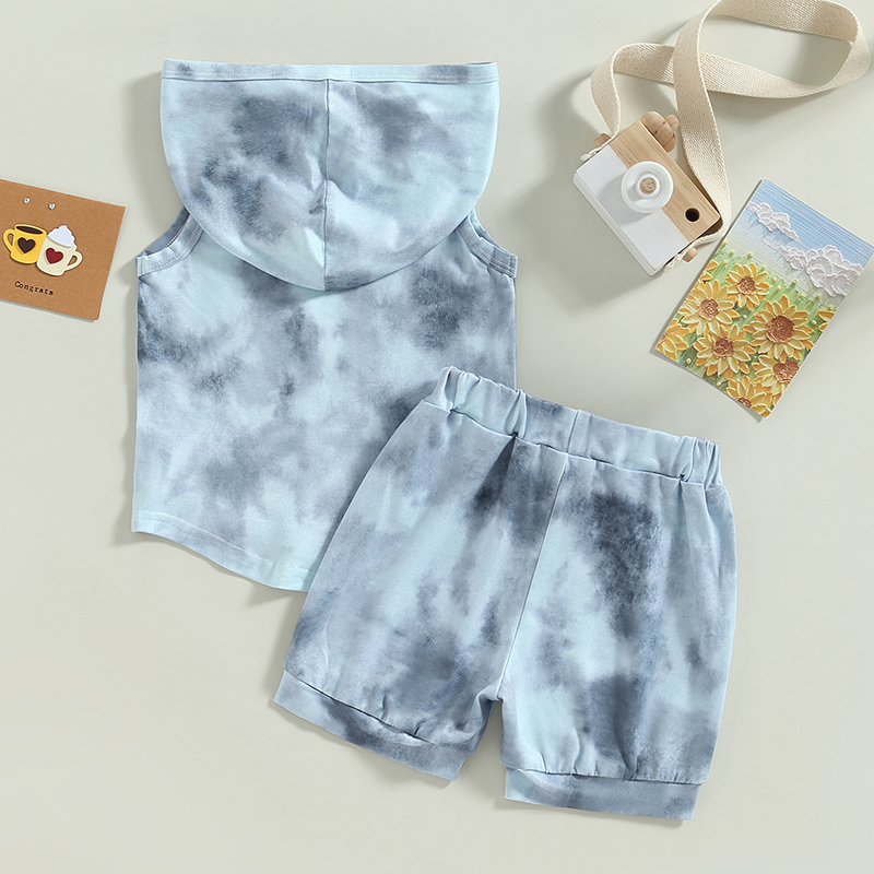 Boys Kids Summer Sleeveless Hooded Tie Dye Print Tops & Short Set