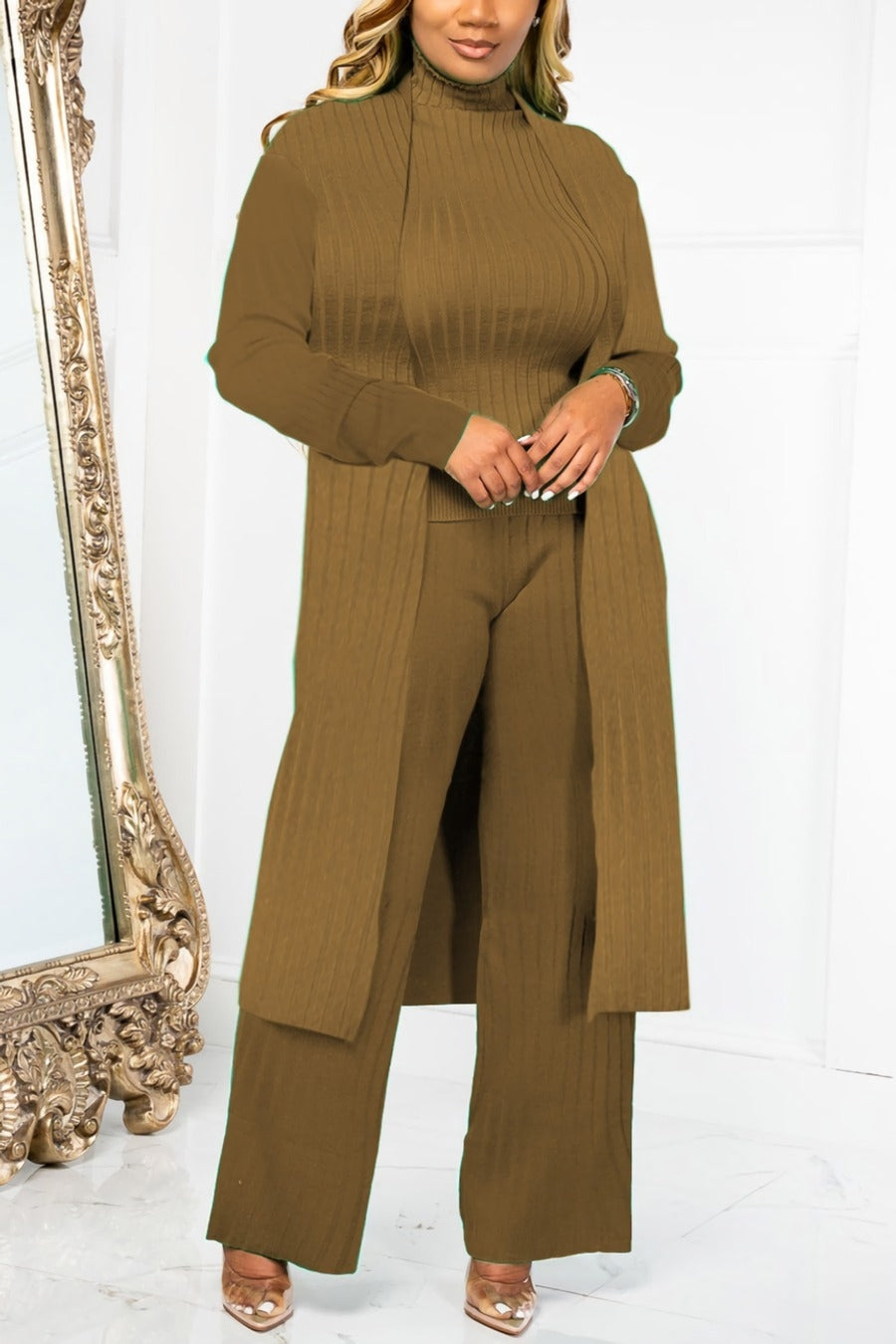 Plus Size 3 Piece Long Ribbed Sleeve Sweater, Cardigan & Pants