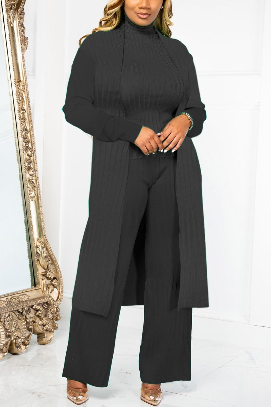 Plus Size 3 Piece Long Ribbed Sleeve Sweater, Cardigan & Pants