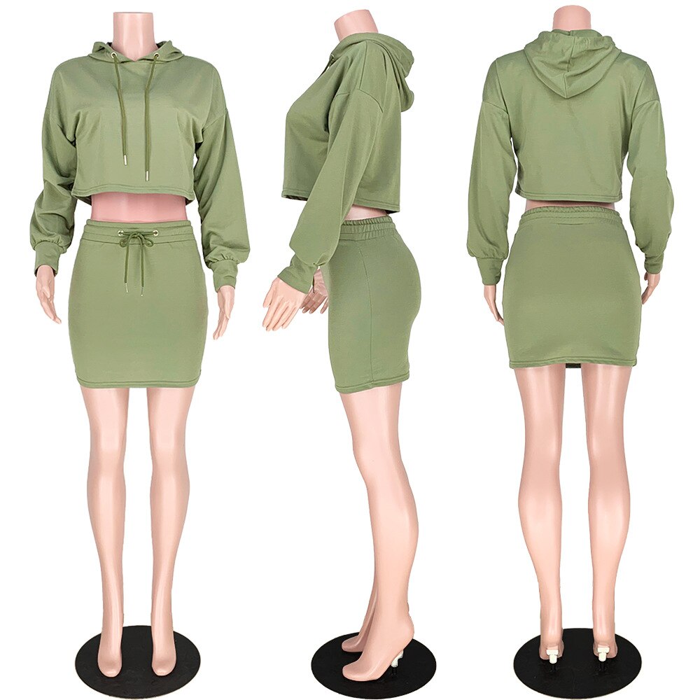 Women Hooded Skirt & Sweater Two Piece Set