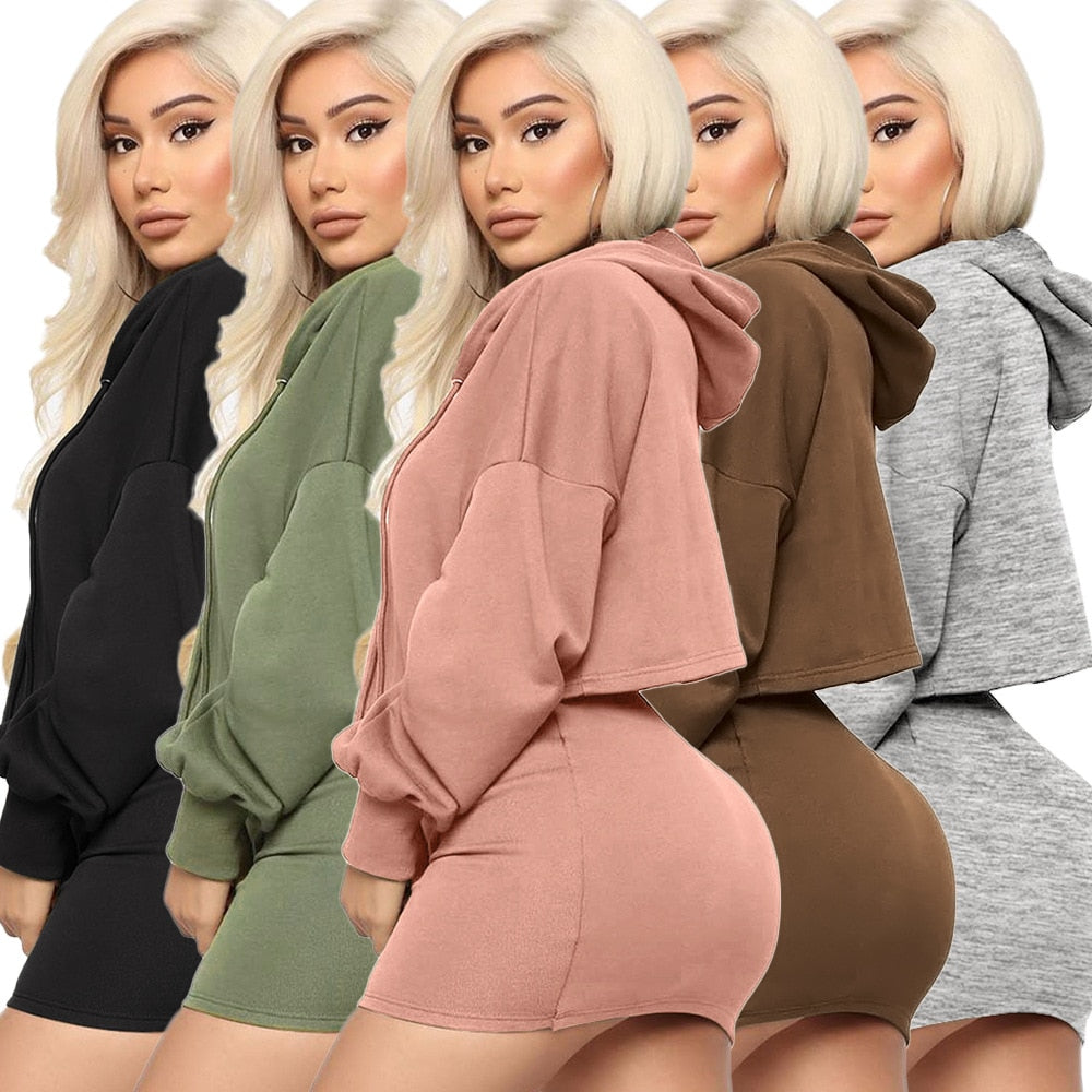 Women Hooded Skirt & Sweater Two Piece Set