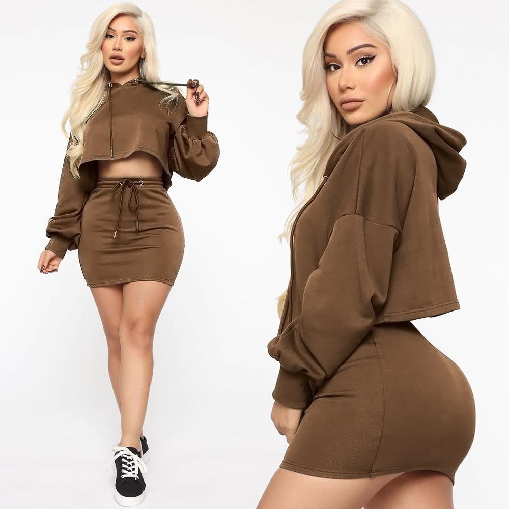 Women Hooded Skirt & Sweater Two Piece Set