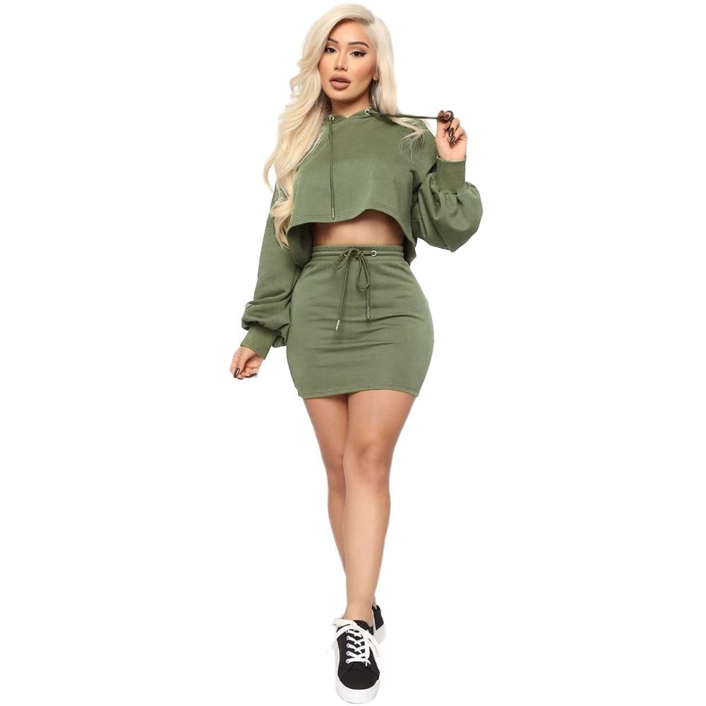 Women Hooded Skirt & Sweater Two Piece Set