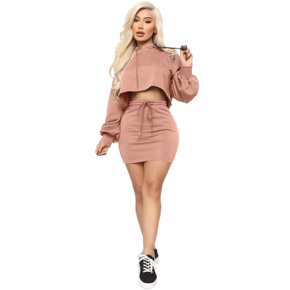 Women Hooded Skirt & Sweater Two Piece Set