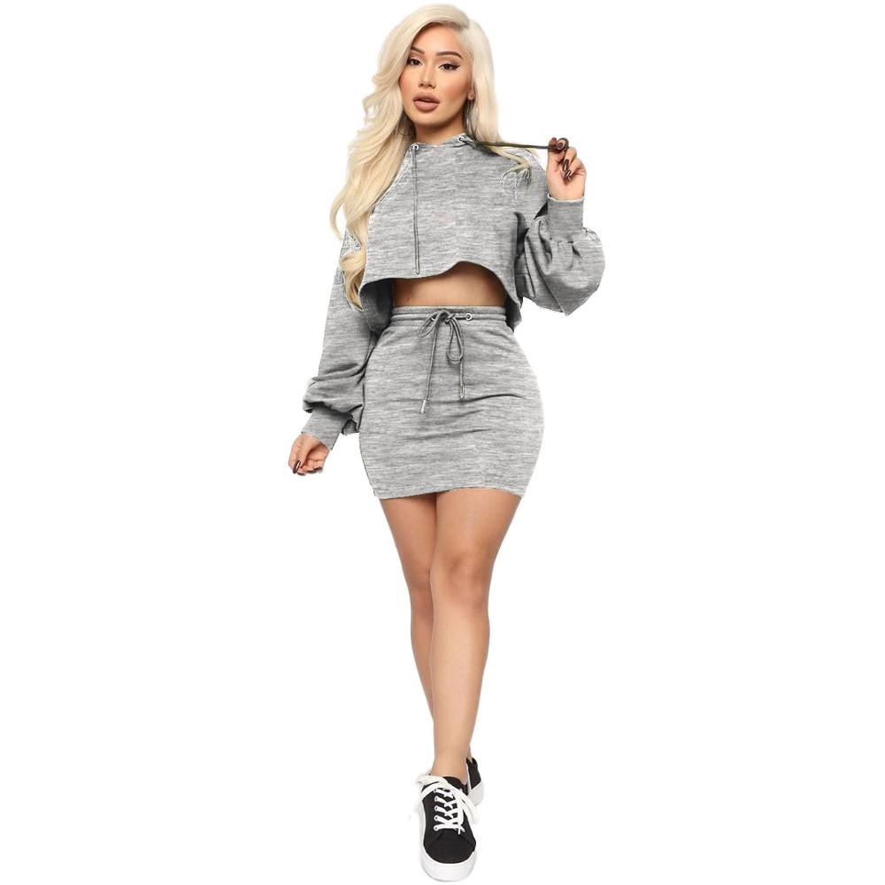 Women Hooded Skirt & Sweater Two Piece Set