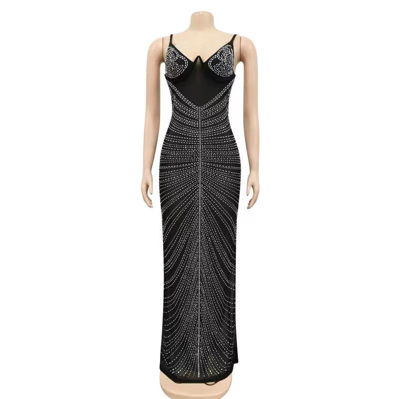 Black Mesh Rhinestone Underwire Mermaid Gown for Women