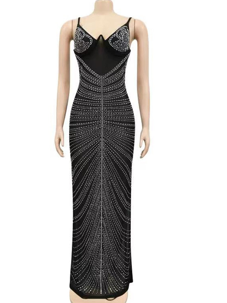 Black Mesh Rhinestone Underwire Mermaid Gown for Women