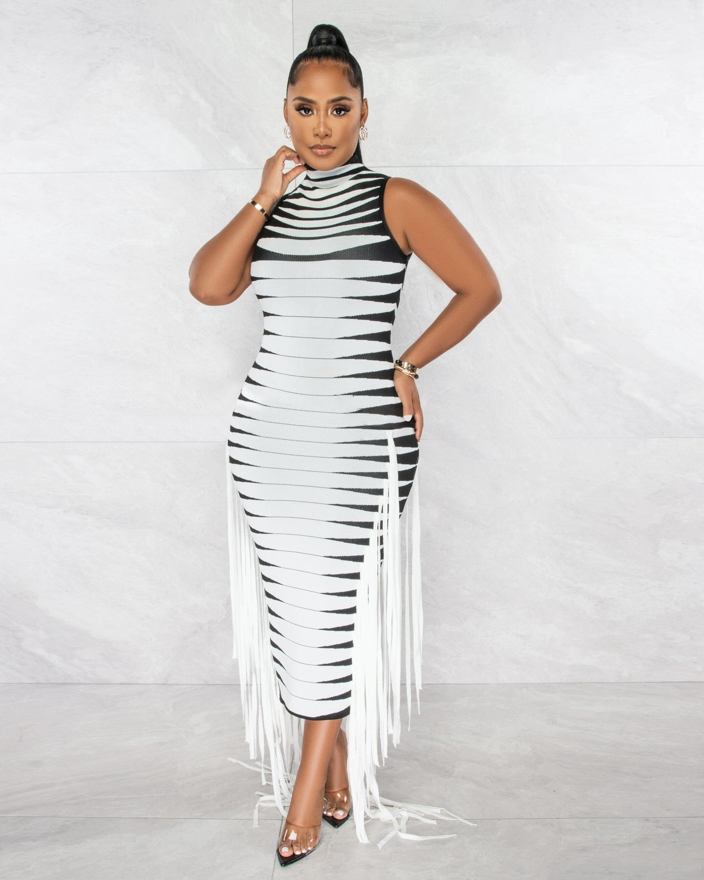 Striped Tassel Sleeveless Midi  Bodycon Women Dress