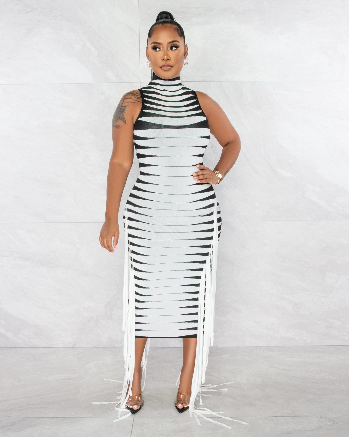 Striped Tassel Sleeveless Midi  Bodycon Women Dress