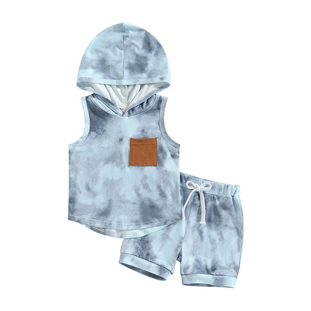 Boys Kids Summer Sleeveless Hooded Tie Dye Print Tops & Short Set