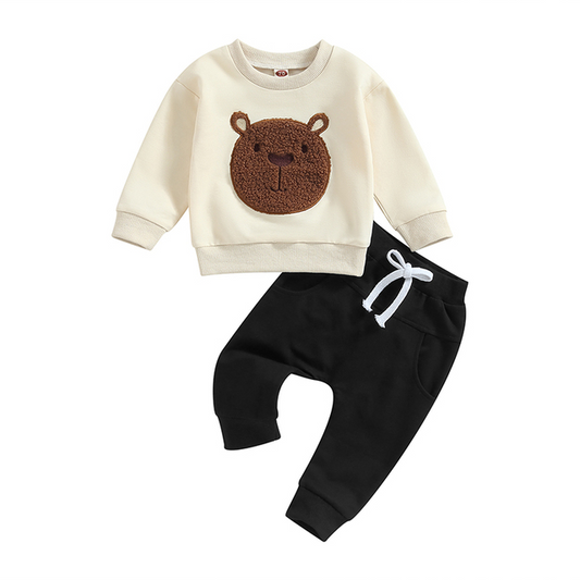 Kids Bear Embroidery Tops & Pants Set for Boys Girls