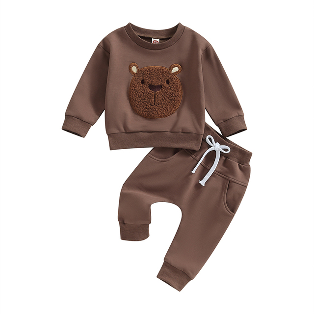 Kids Bear Embroidery Tops & Pants Set for Boys Girls