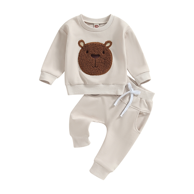 Kids Bear Embroidery Tops & Pants Set for Boys Girls