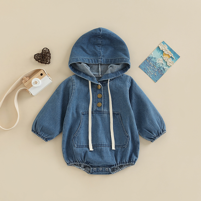 Denim Hooded Kids Long Sleeve Baby Boy Girl Bodysuit