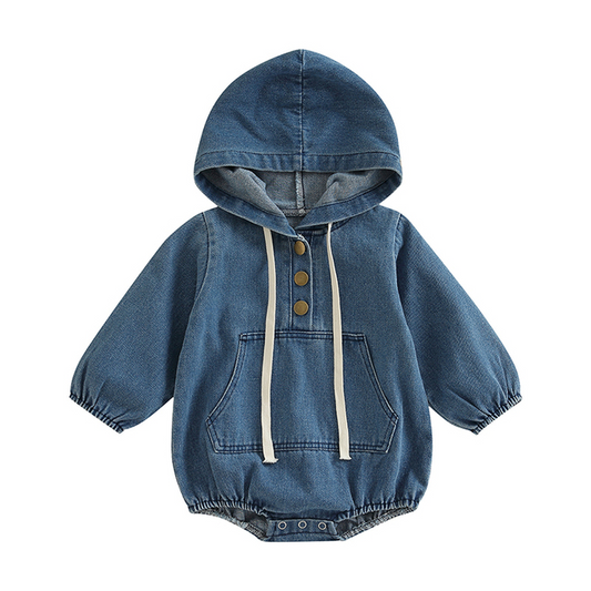 Denim Hooded Kids Long Sleeve Baby Boy Girl Bodysuit