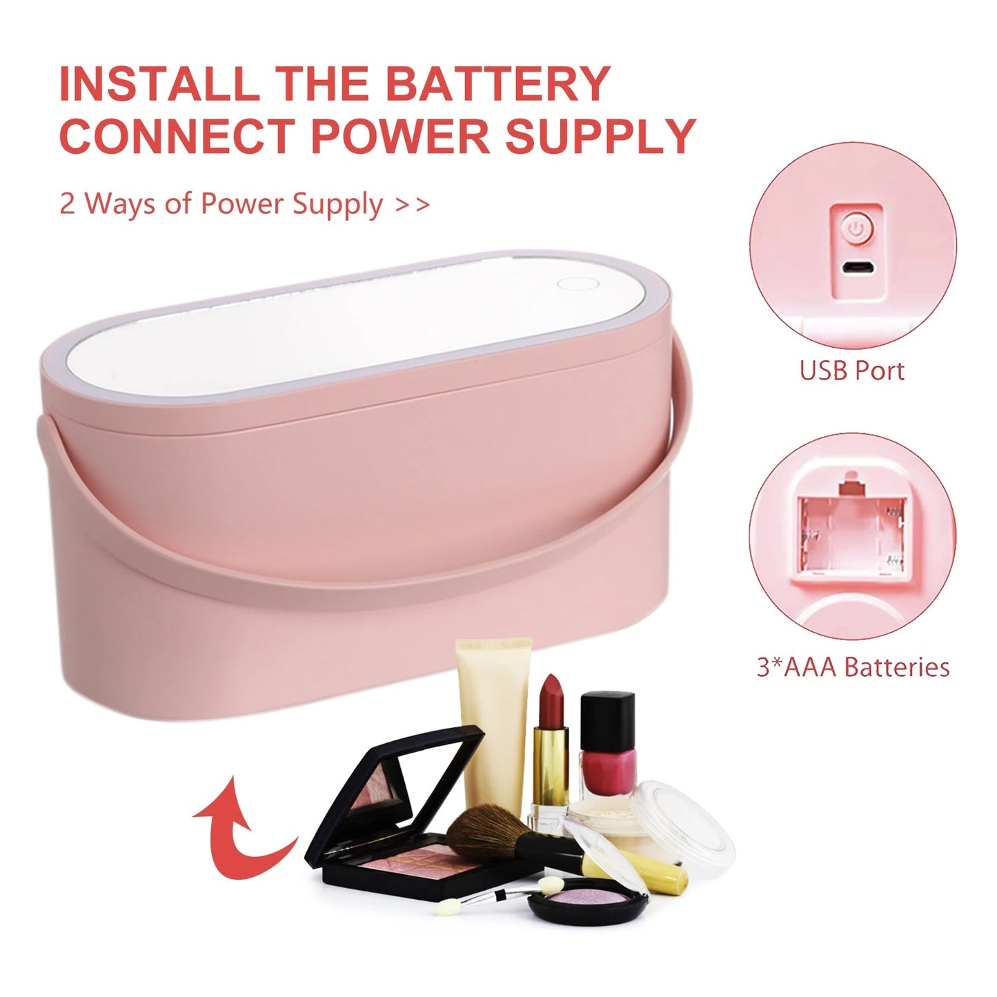 Portable Makeup Organizer Box With Mirror & LED Light for Beauty