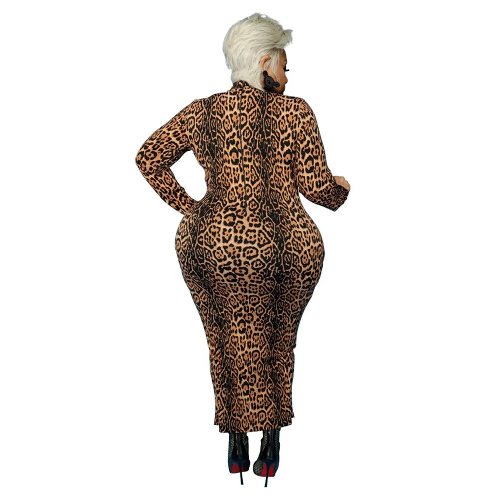 Plus Size Leopard Long Sleeve Midi Body Dress for Women