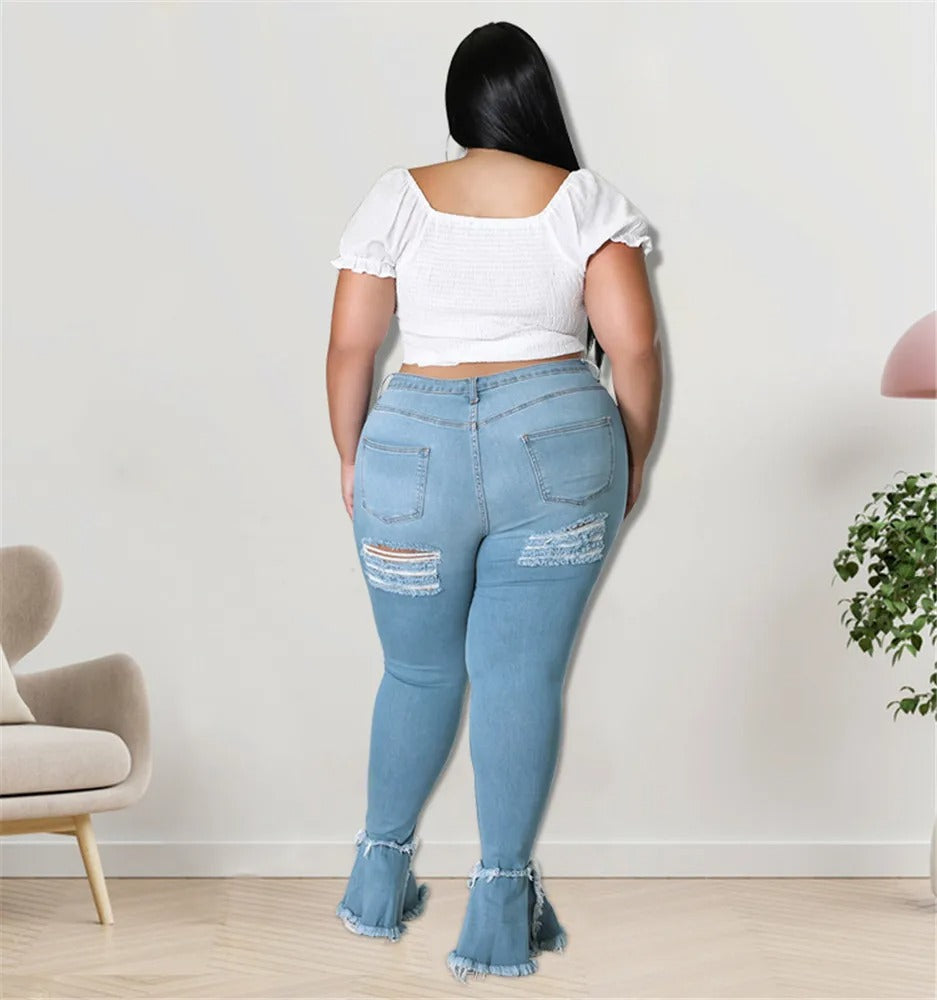 Womens Plus Size Wide Leg Cutout Blue Jeans