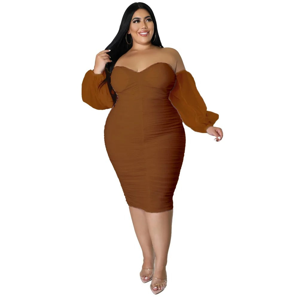 Plus Size Off Shoulder Mesh Sleeve Dress for Women