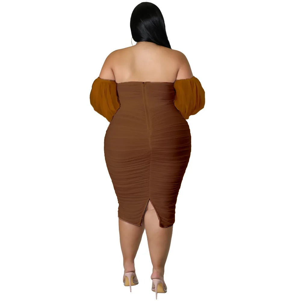 Plus Size Off Shoulder Mesh Sleeve Dress for Women