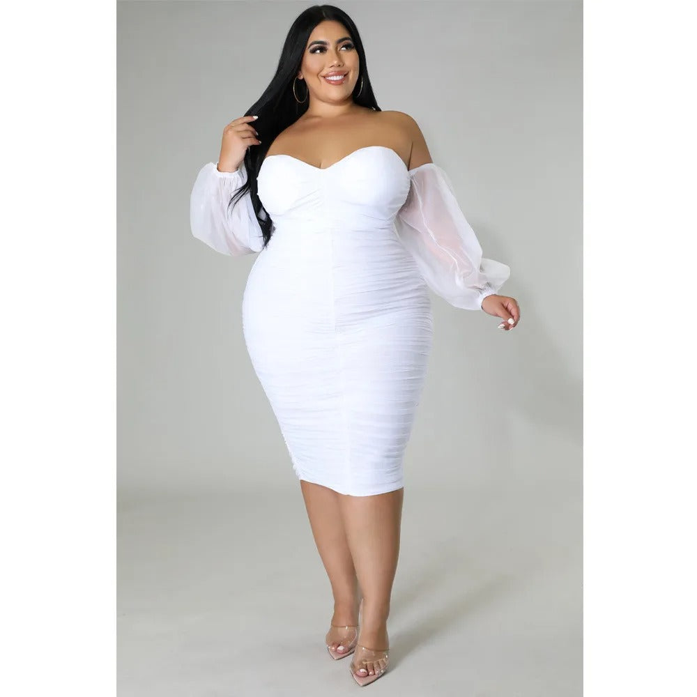 Plus Size Off Shoulder Mesh Sleeve Dress for Women