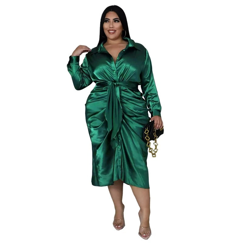 Satin Long Sleeve Ruched Plus Size Clothing Dress for Women