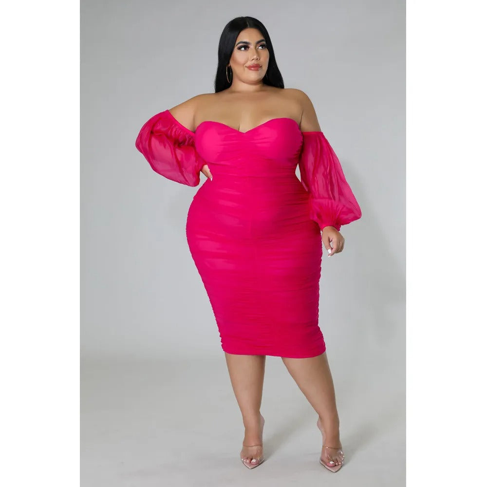 Plus Size Off Shoulder Mesh Sleeve Dress for Women