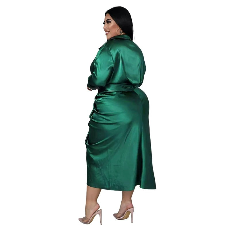 Satin Long Sleeve Ruched Plus Size Clothing Dress for Women