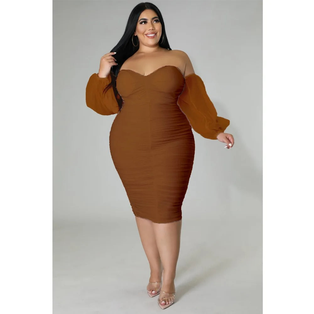 Plus Size Off Shoulder Mesh Sleeve Dress for Women