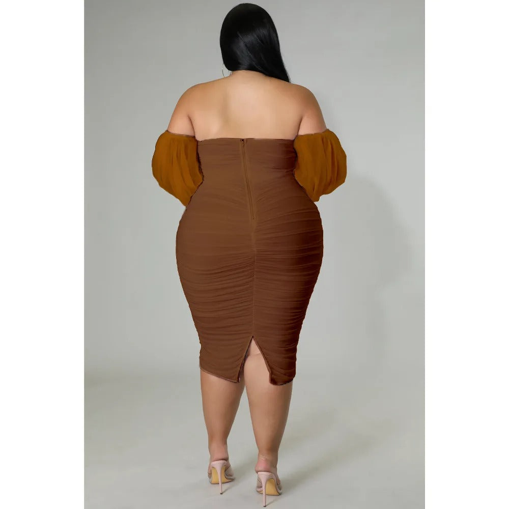 Plus Size Off Shoulder Mesh Sleeve Dress for Women