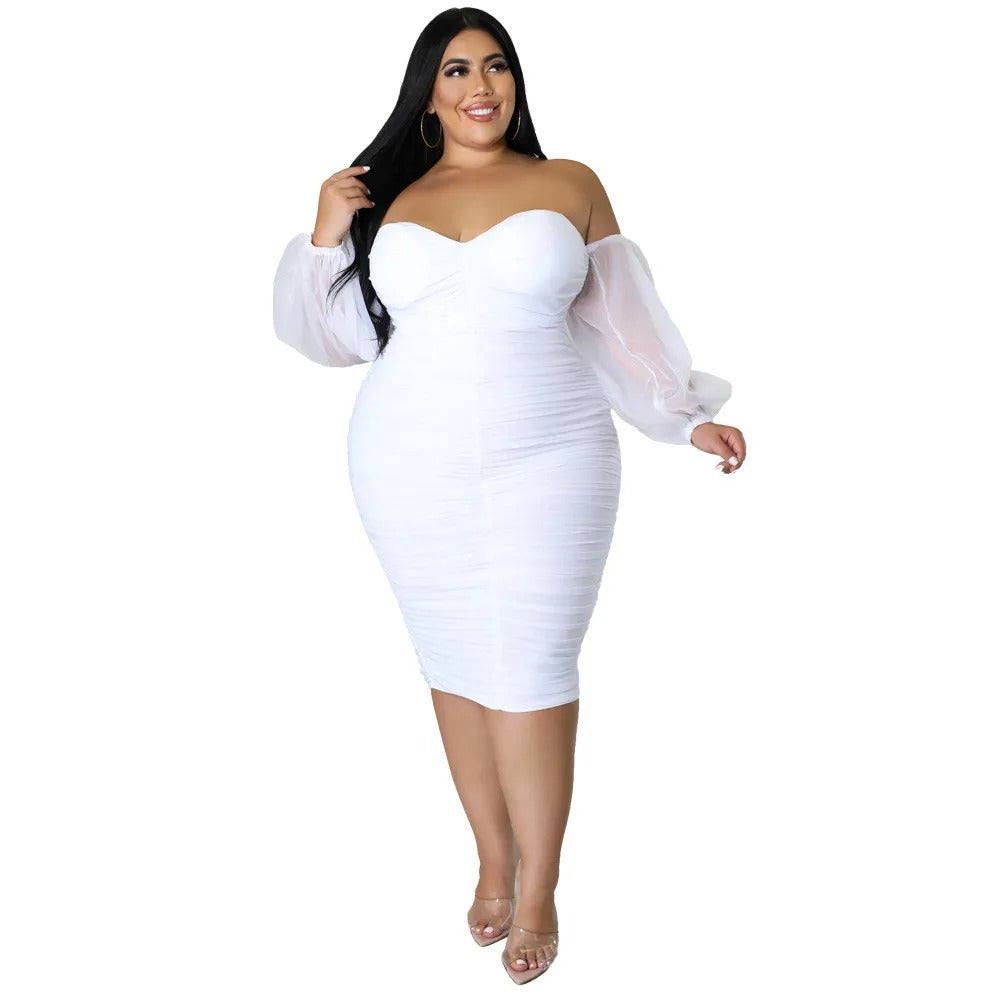 Plus Size Off Shoulder Mesh Sleeve Dress for Women