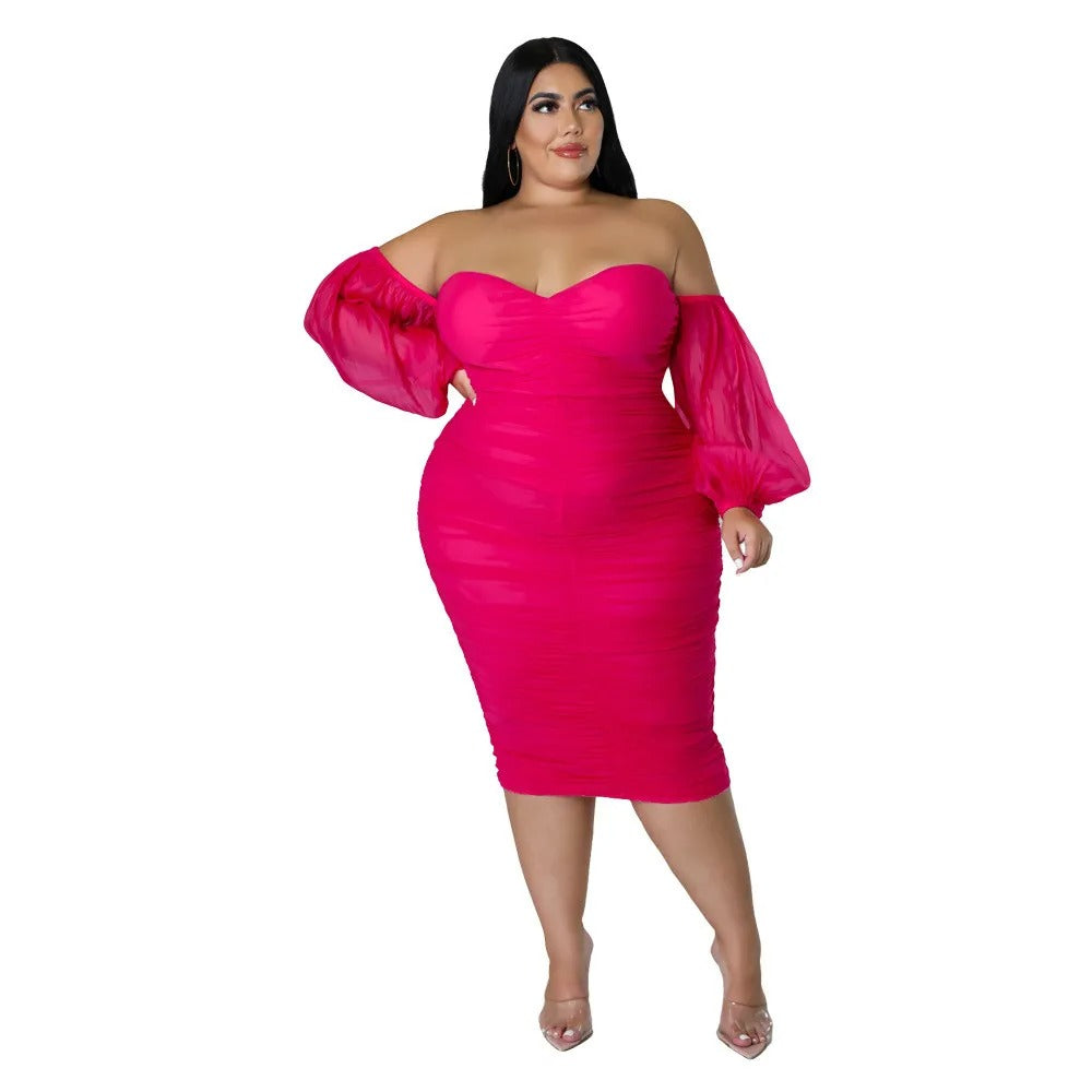 Plus Size Off Shoulder Mesh Sleeve Dress for Women