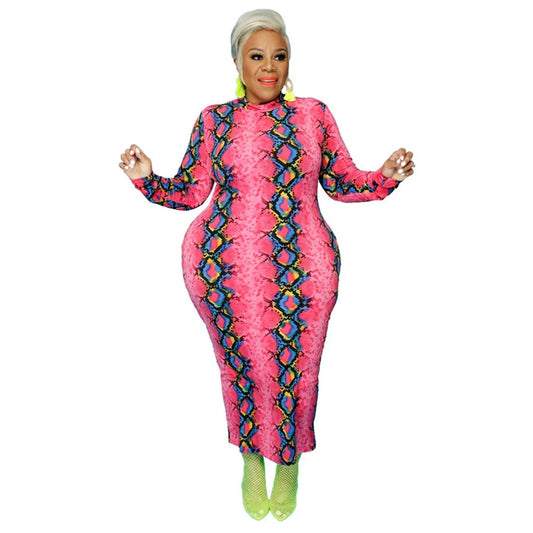 Plus Size Dye Long Sleeve Snakeskin Midi Body Dress for Women