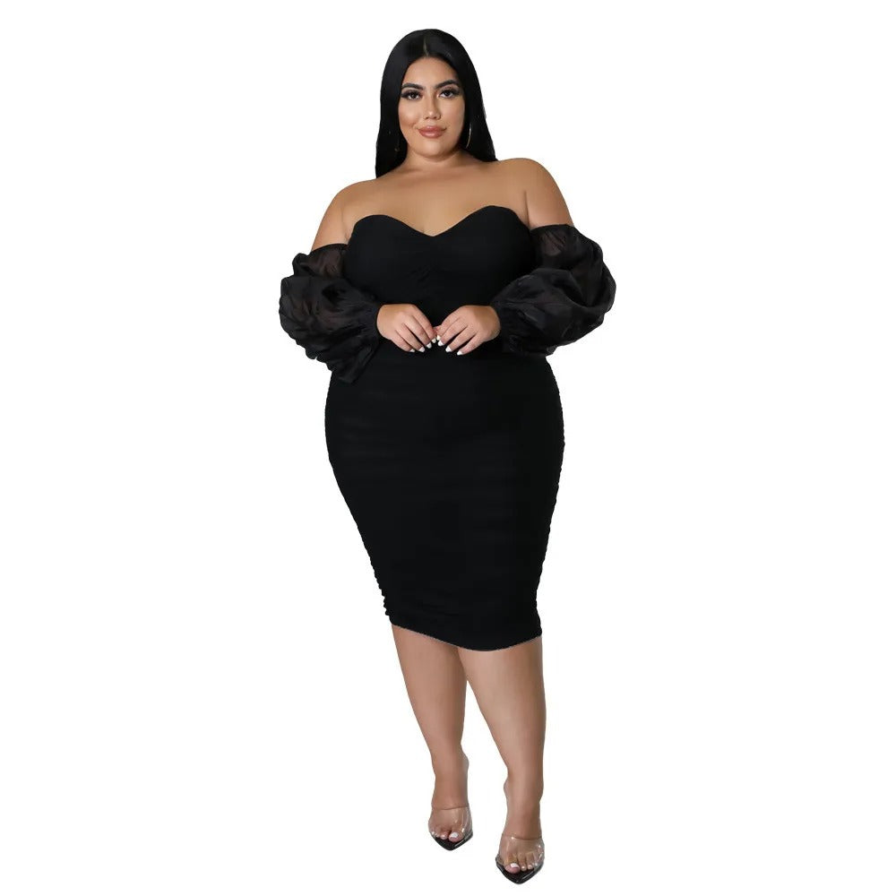 Plus Size Off Shoulder Mesh Sleeve Dress for Women