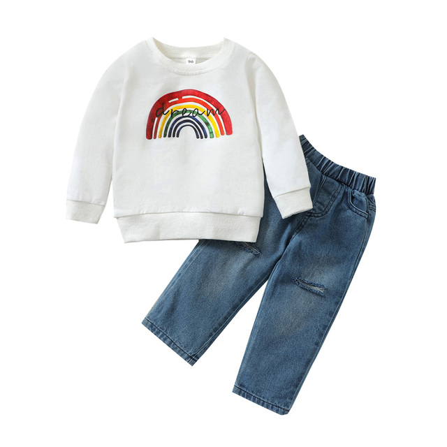 Two Piece Kids Pullover & Ripped Jean Set Boy Girls