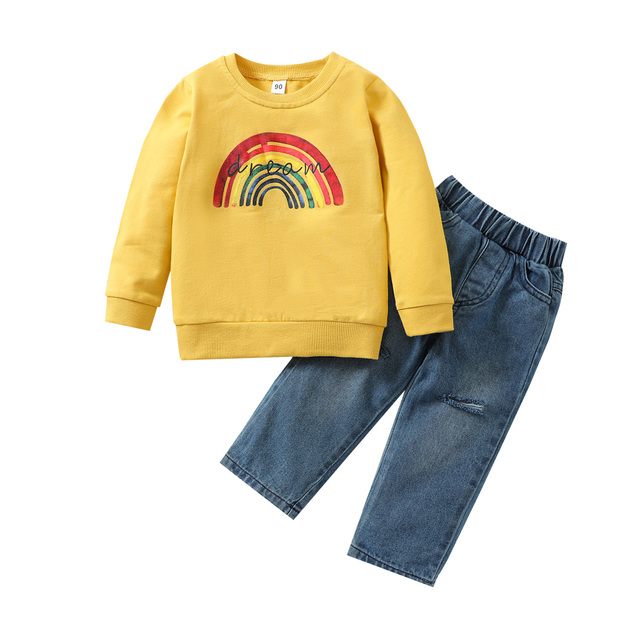 Two Piece Kids Pullover & Ripped Jean Set Boy Girls