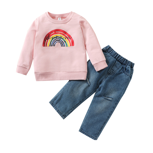 Two Piece Kids Pullover & Ripped Jean Set Boy Girls