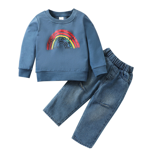 Two Piece Kids Pullover & Ripped Jean Set Boy Girls