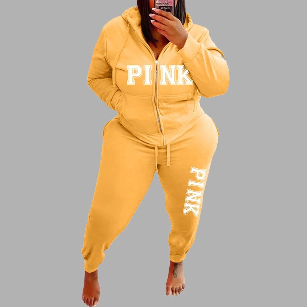 Plus Size Two Piece Zipped Up Hoodie & Tracksuit Womens