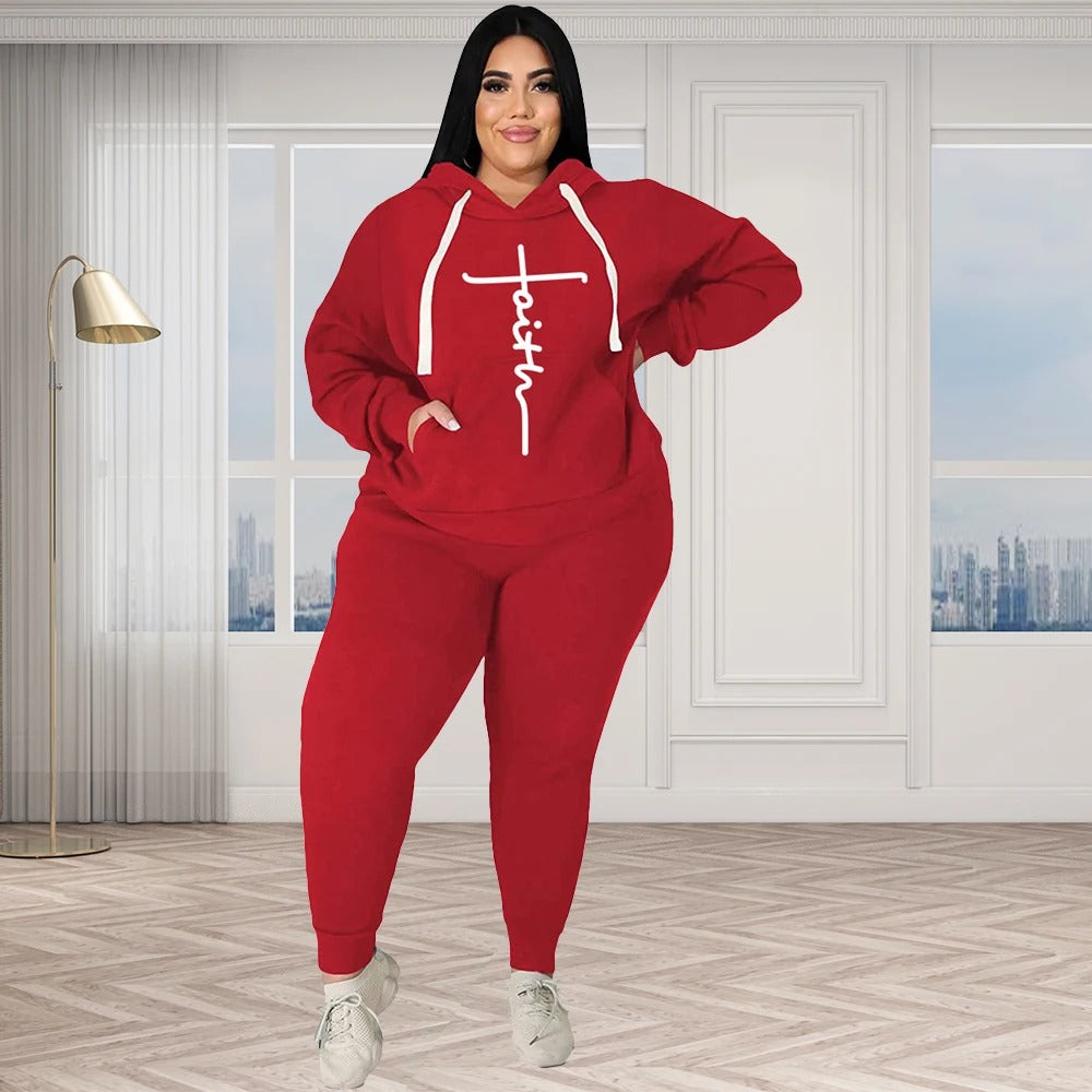 Plus Size Two Piece Pocket Hoodie & Tracksuit Womens