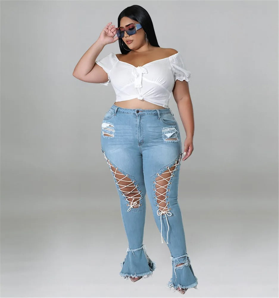 Womens Plus Size Wide Leg Cutout Blue Jeans