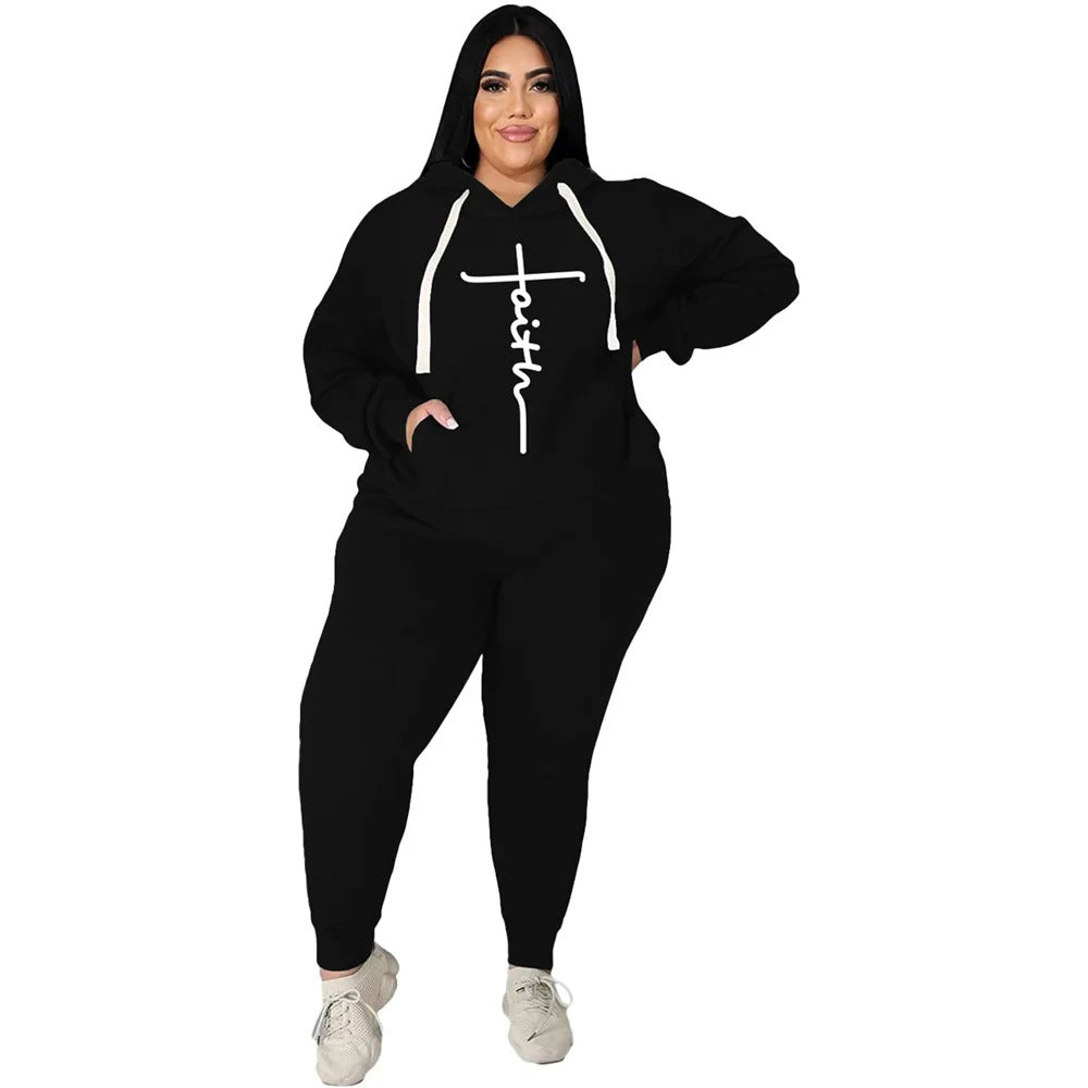 Plus Size Two Piece Pocket Hoodie & Tracksuit Womens