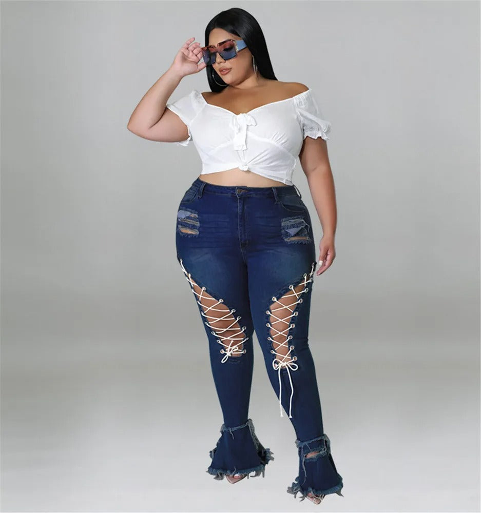 Womens Plus Size Wide Leg Cutout Blue Jeans