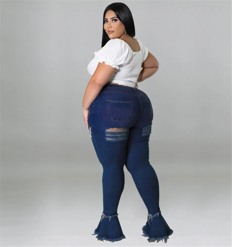 Womens Plus Size Wide Leg Cutout Blue Jeans